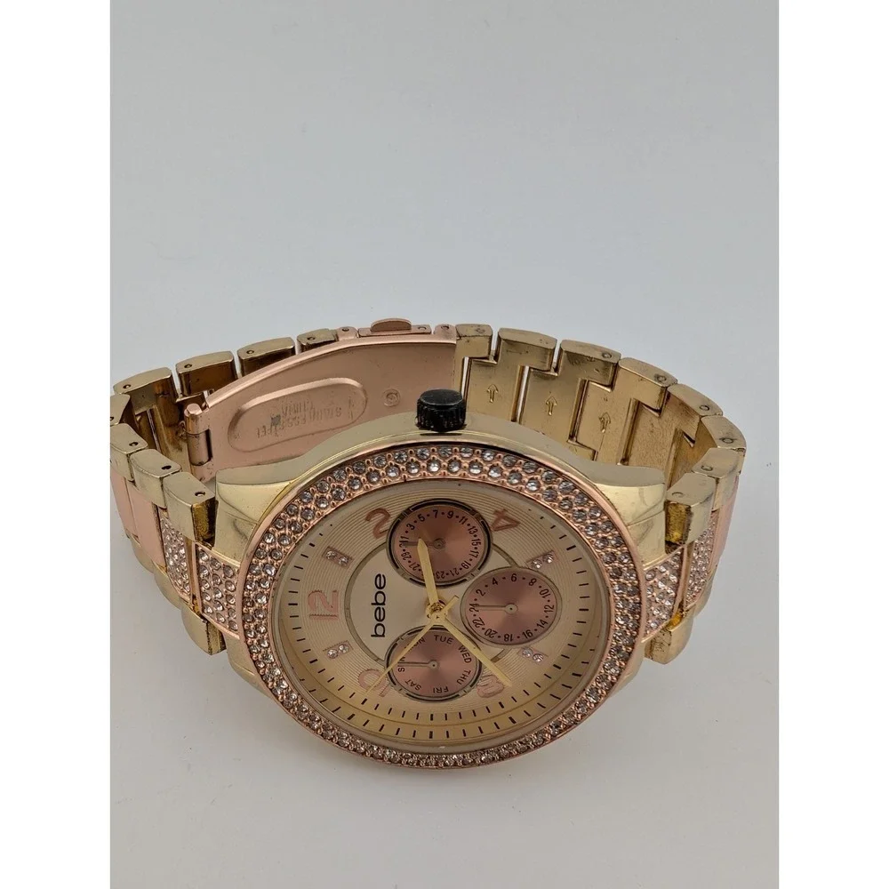 Bebe Watch Women 40mm Rose Gold Case Crystal‎ Bezel 7" Band- New Battery - Picture 4 of 8